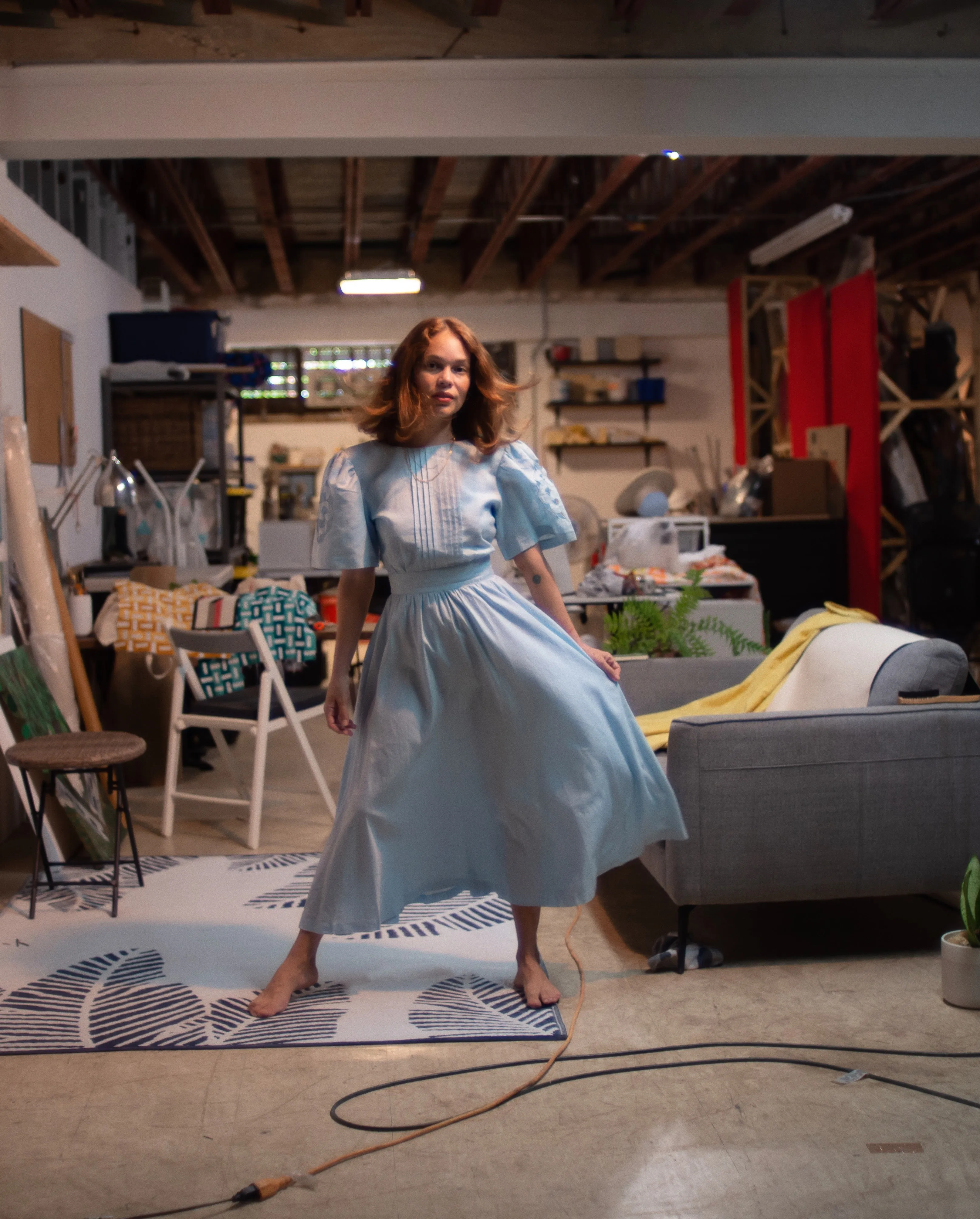 1980s linen pale blue puff sleeve fit and flair dress, 25” waist