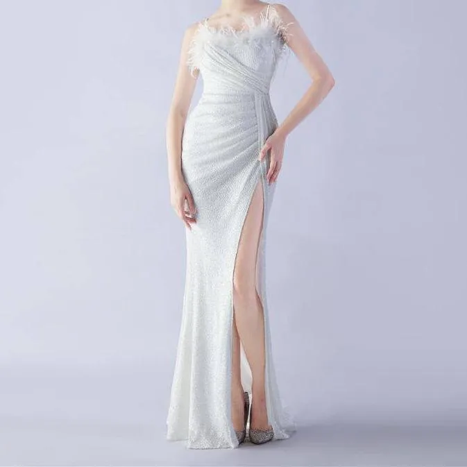 Annabeth Spaghetti Straps Feathered Maxi Dress