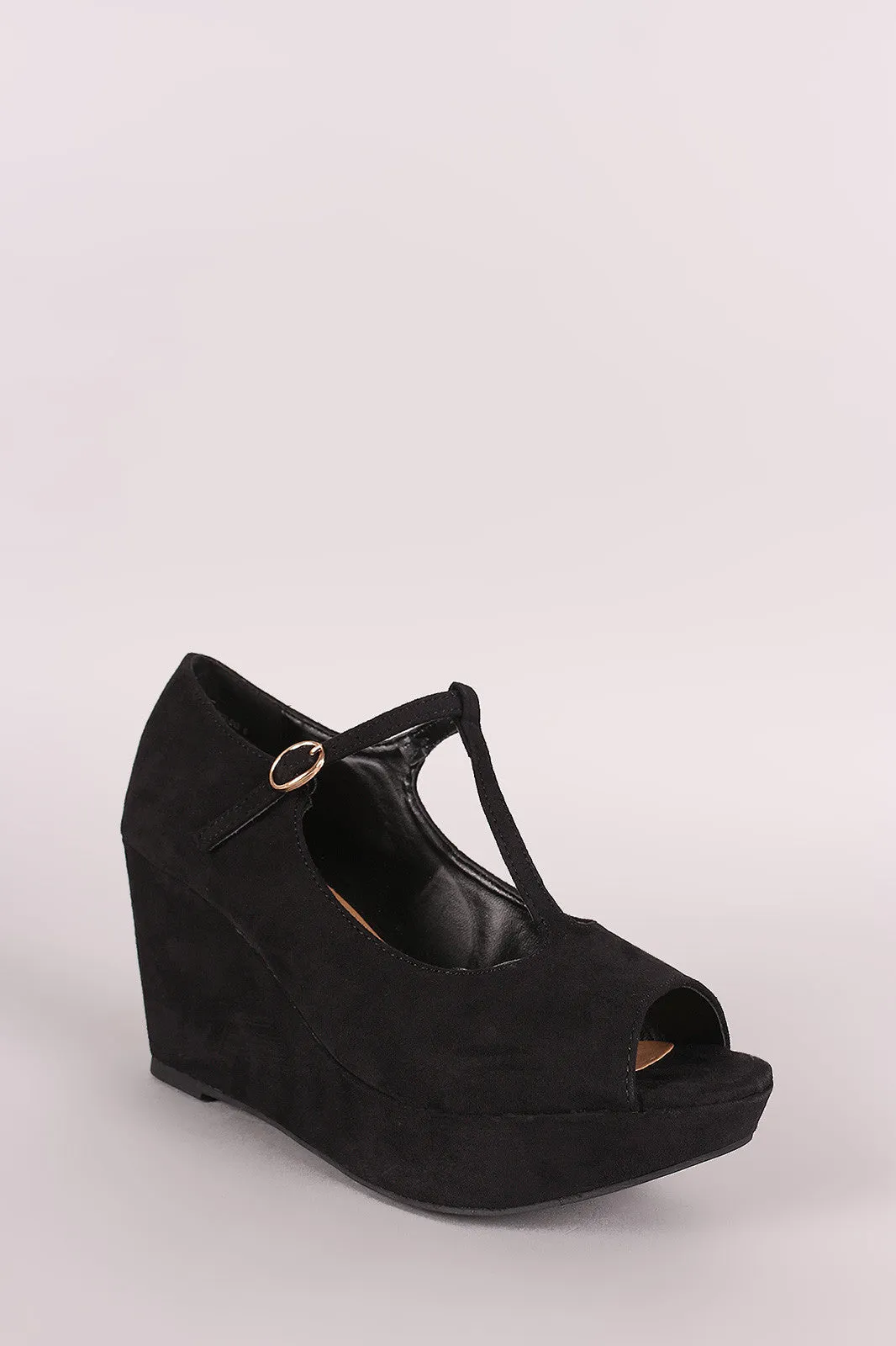 Bamboo Suede T-Strap Peep Toe Platform Wedge