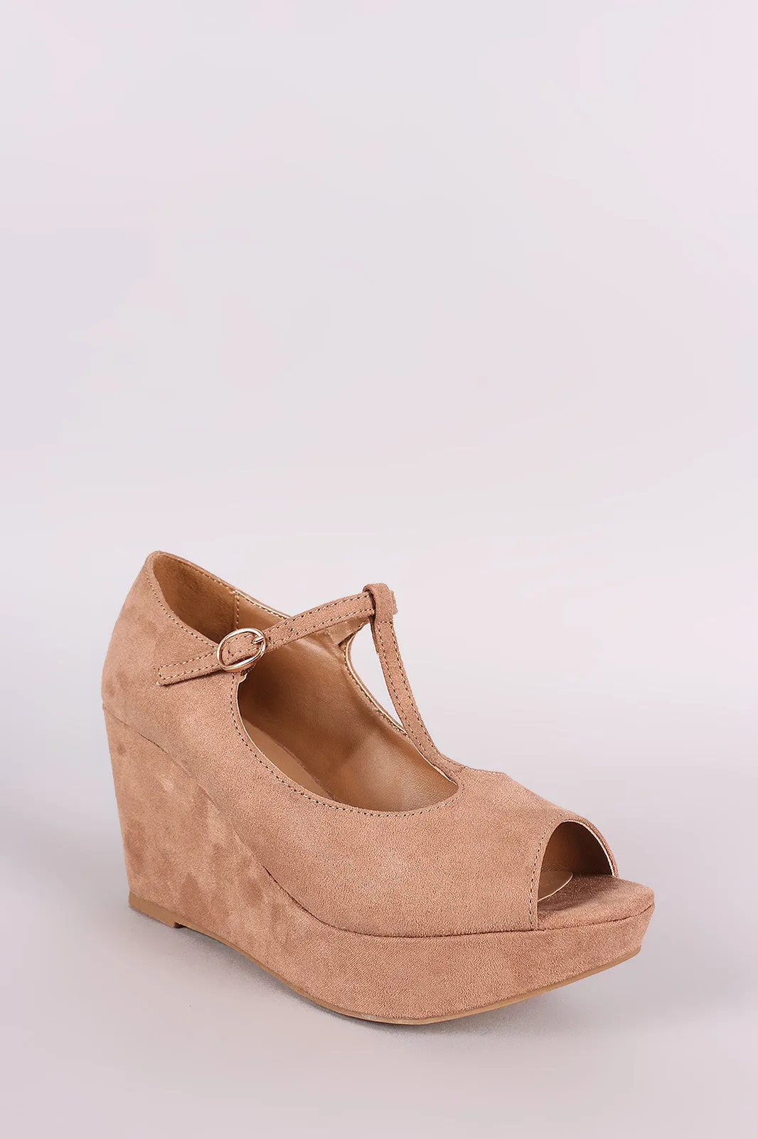 Bamboo Suede T-Strap Peep Toe Platform Wedge