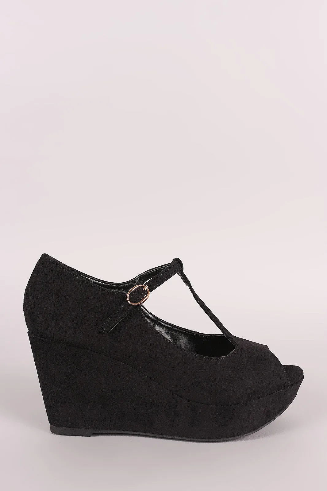 Bamboo Suede T-Strap Peep Toe Platform Wedge