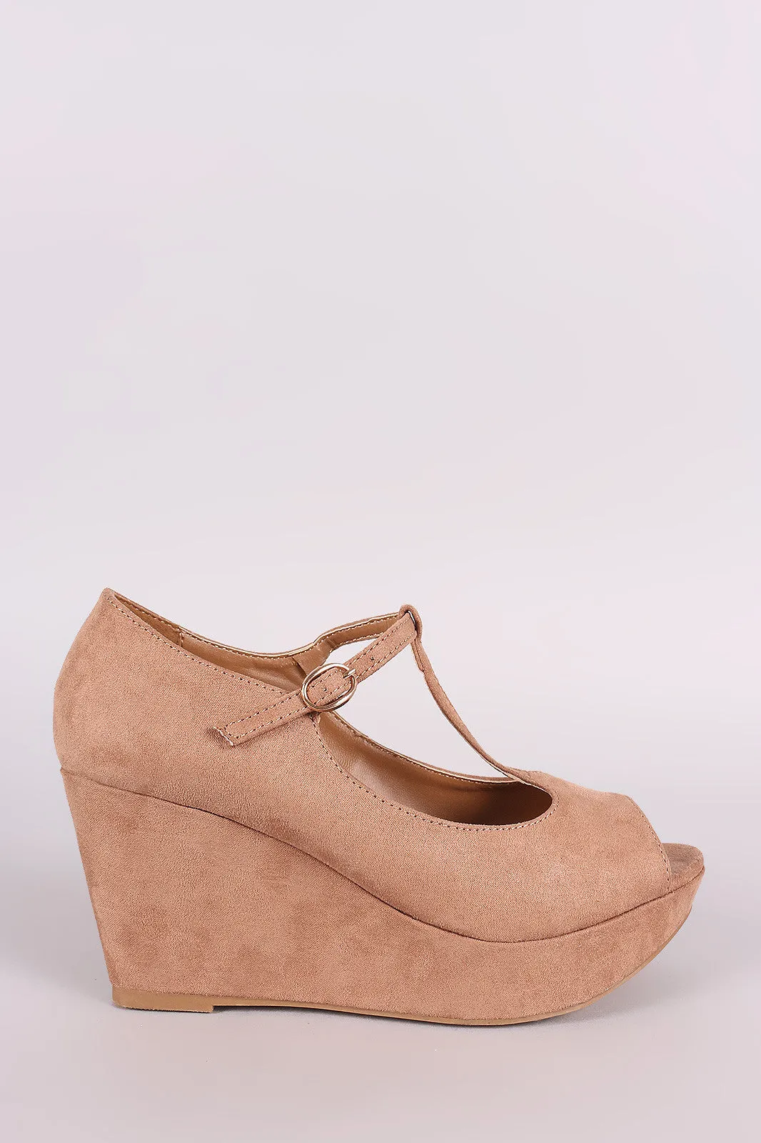 Bamboo Suede T-Strap Peep Toe Platform Wedge