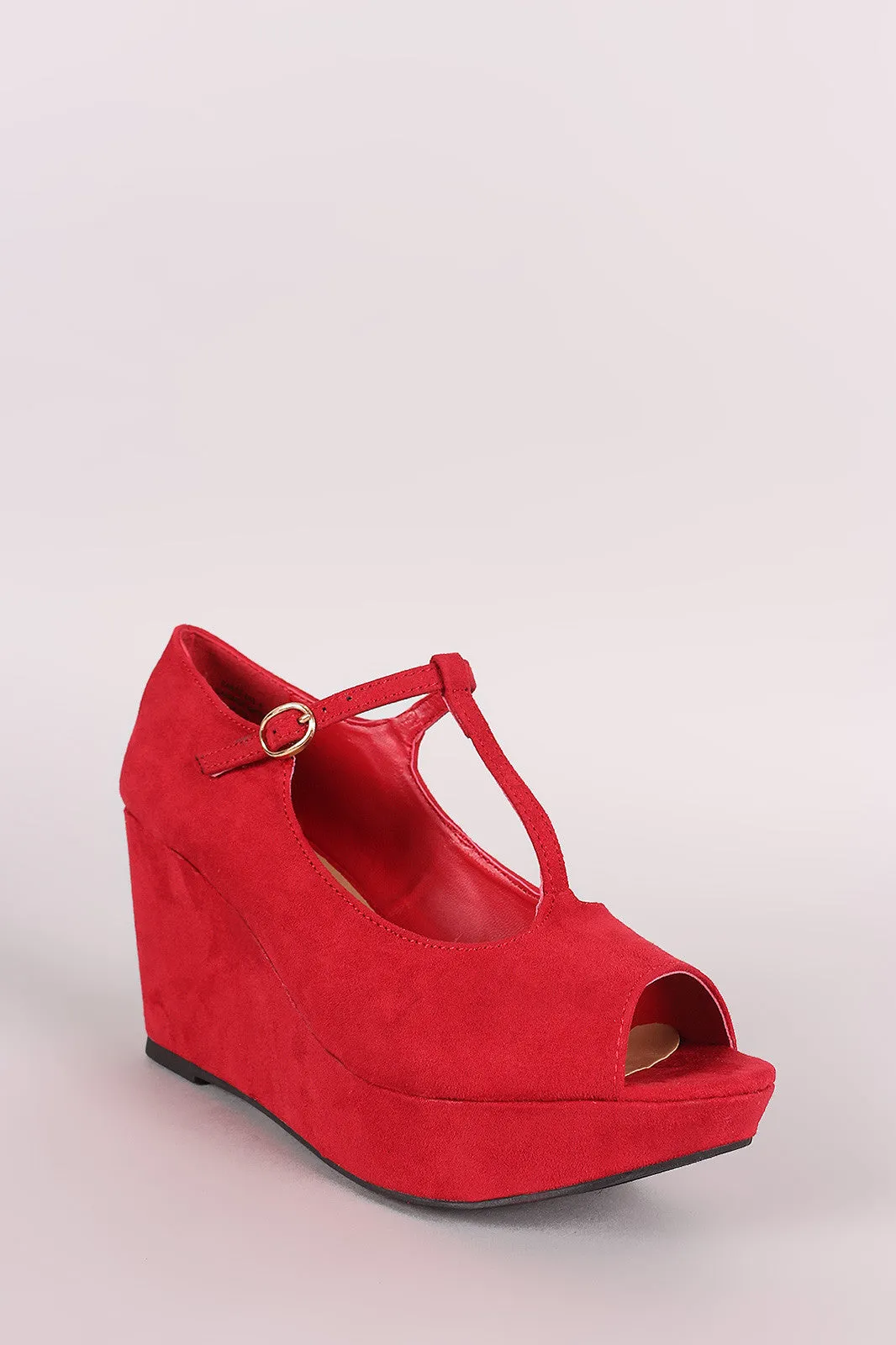 Bamboo Suede T-Strap Peep Toe Platform Wedge