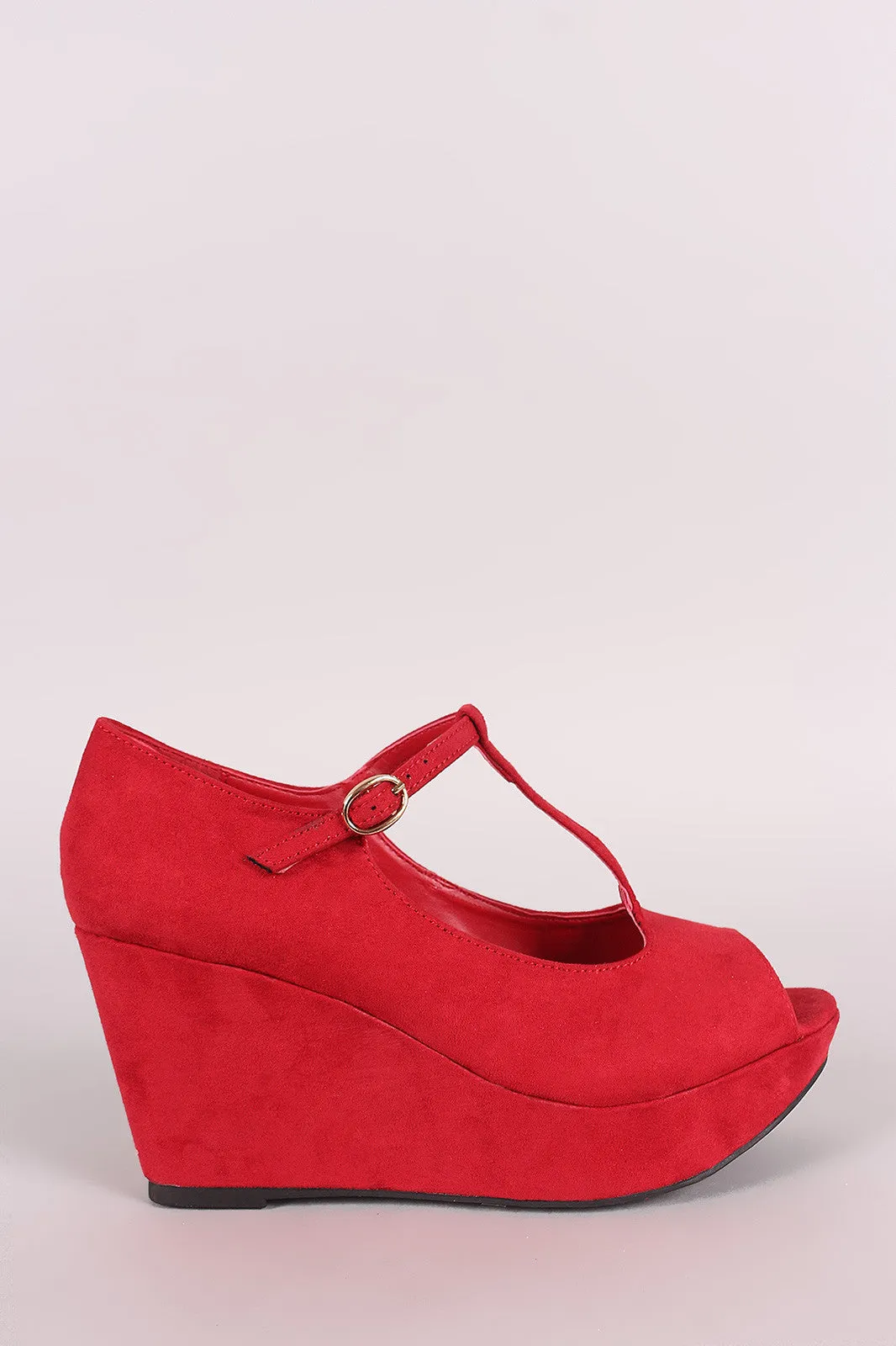 Bamboo Suede T-Strap Peep Toe Platform Wedge