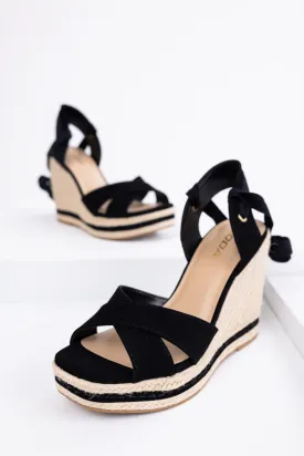 Black Cross Strap Lace Up Espadrille Wedges