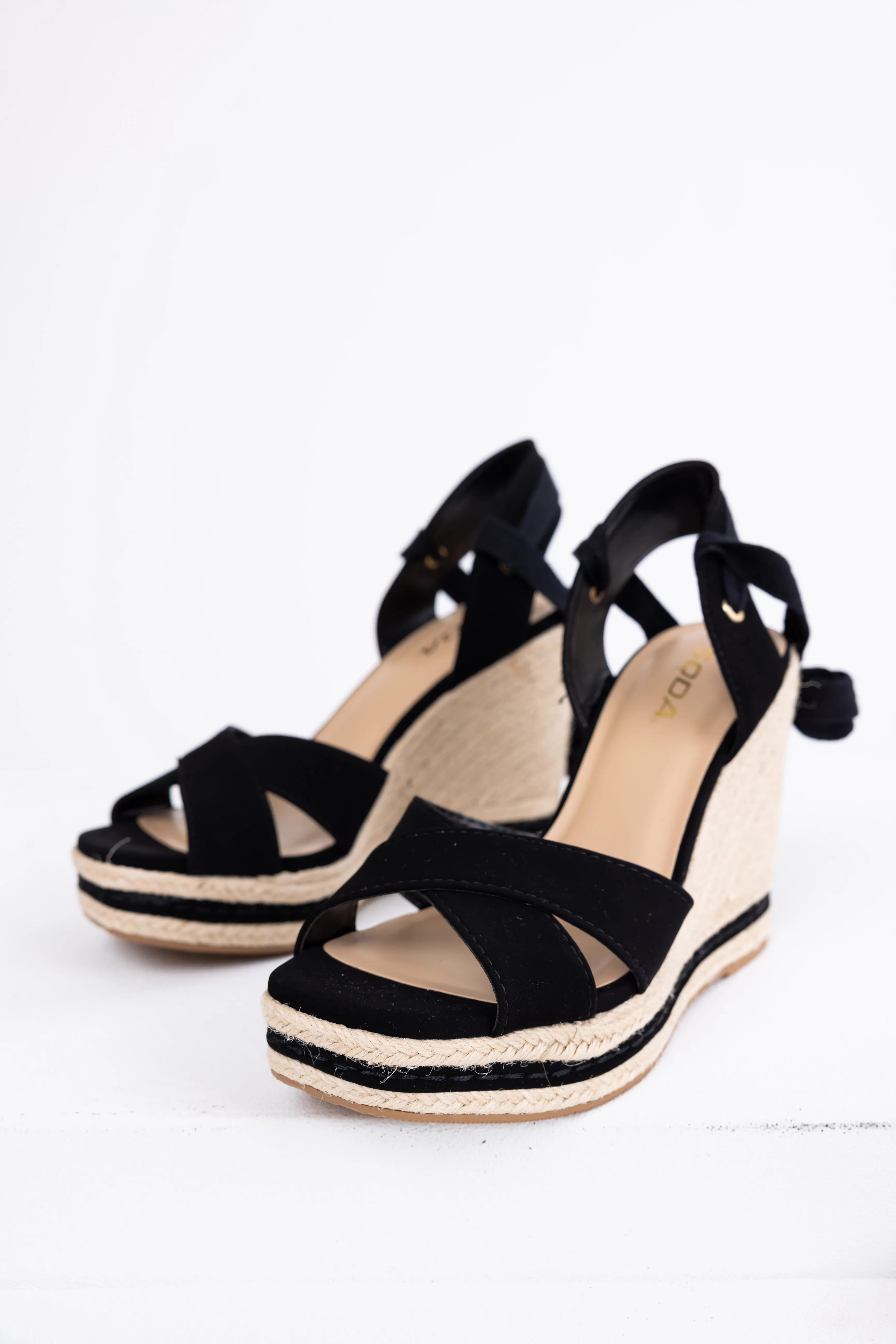 Black Cross Strap Lace Up Espadrille Wedges