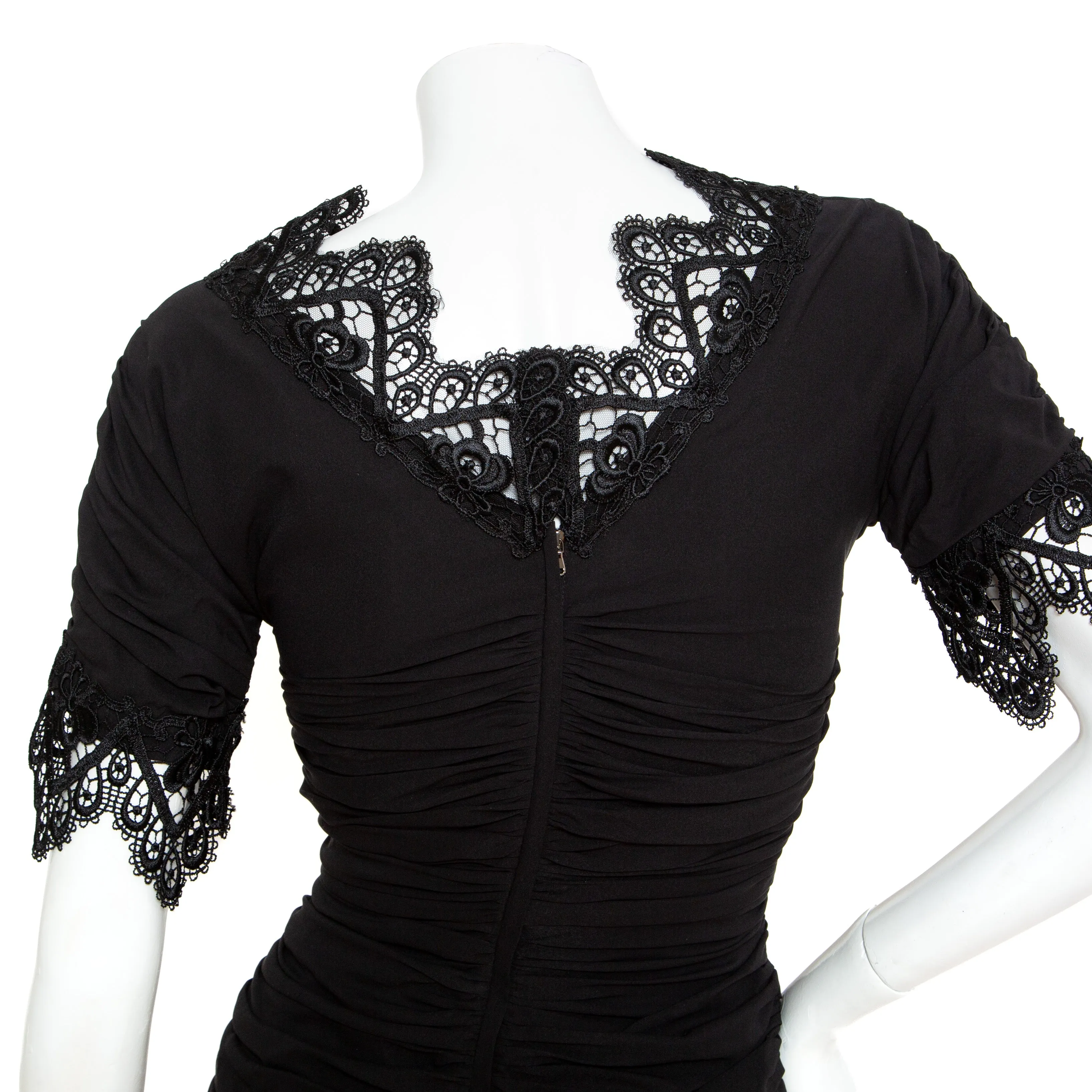 Black Lace Trim Ruched Dress