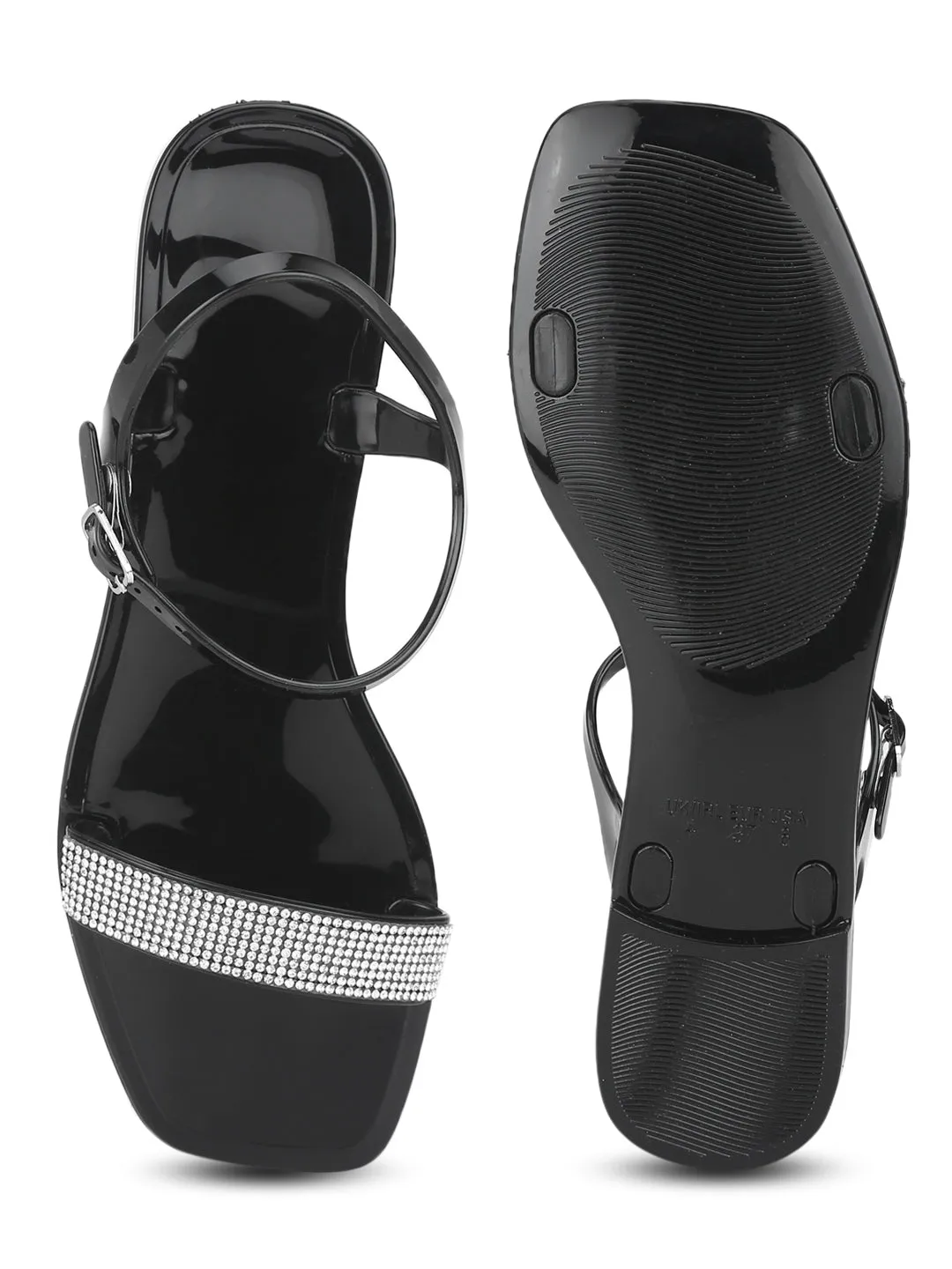 Black PVC Diamante Strap Sandals