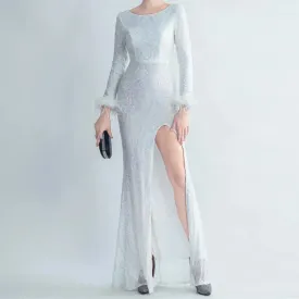 Charlotte  Sequin Long Sleeve Slit Evening Dress