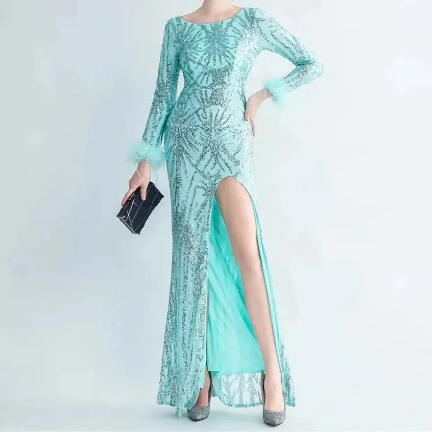 Charlotte  Sequin Long Sleeve Slit Evening Dress