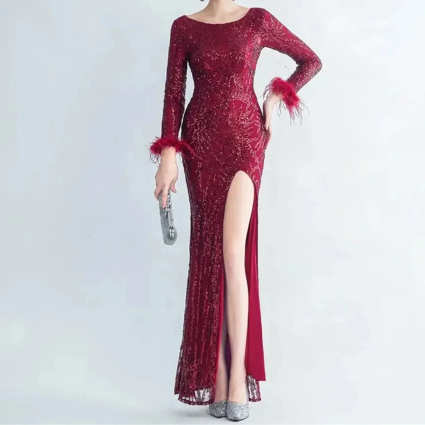 Charlotte  Sequin Long Sleeve Slit Evening Dress