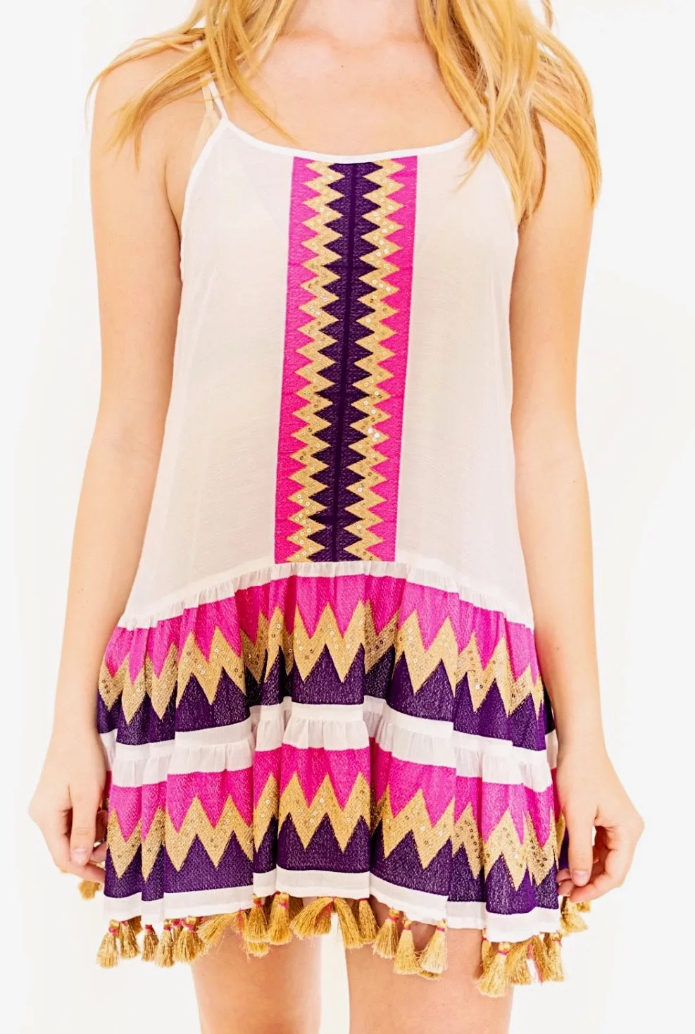 Chevron Shift Dress with Tassels