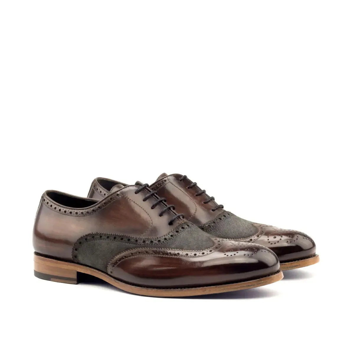 DapperFam Aeron in Grey / Brown Men's Lux Suede & Hand-Painted Patina Full Brogue