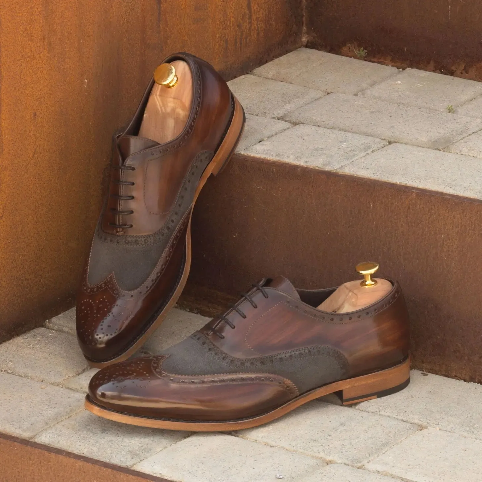 DapperFam Aeron in Grey / Brown Men's Lux Suede & Hand-Painted Patina Full Brogue