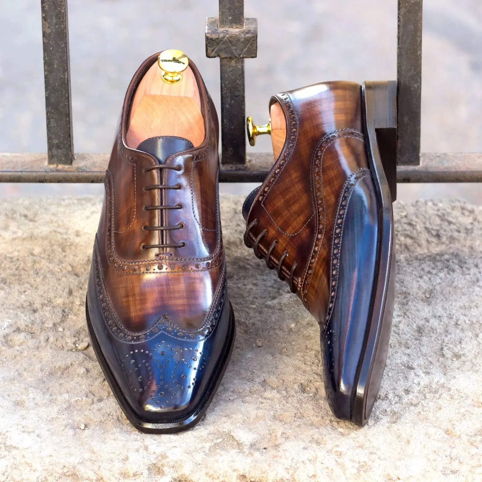 DapperFam Aeron in Med Brown / Brown / Denim Men's Italian Leather & Hand-Painted Patina Full Brogue