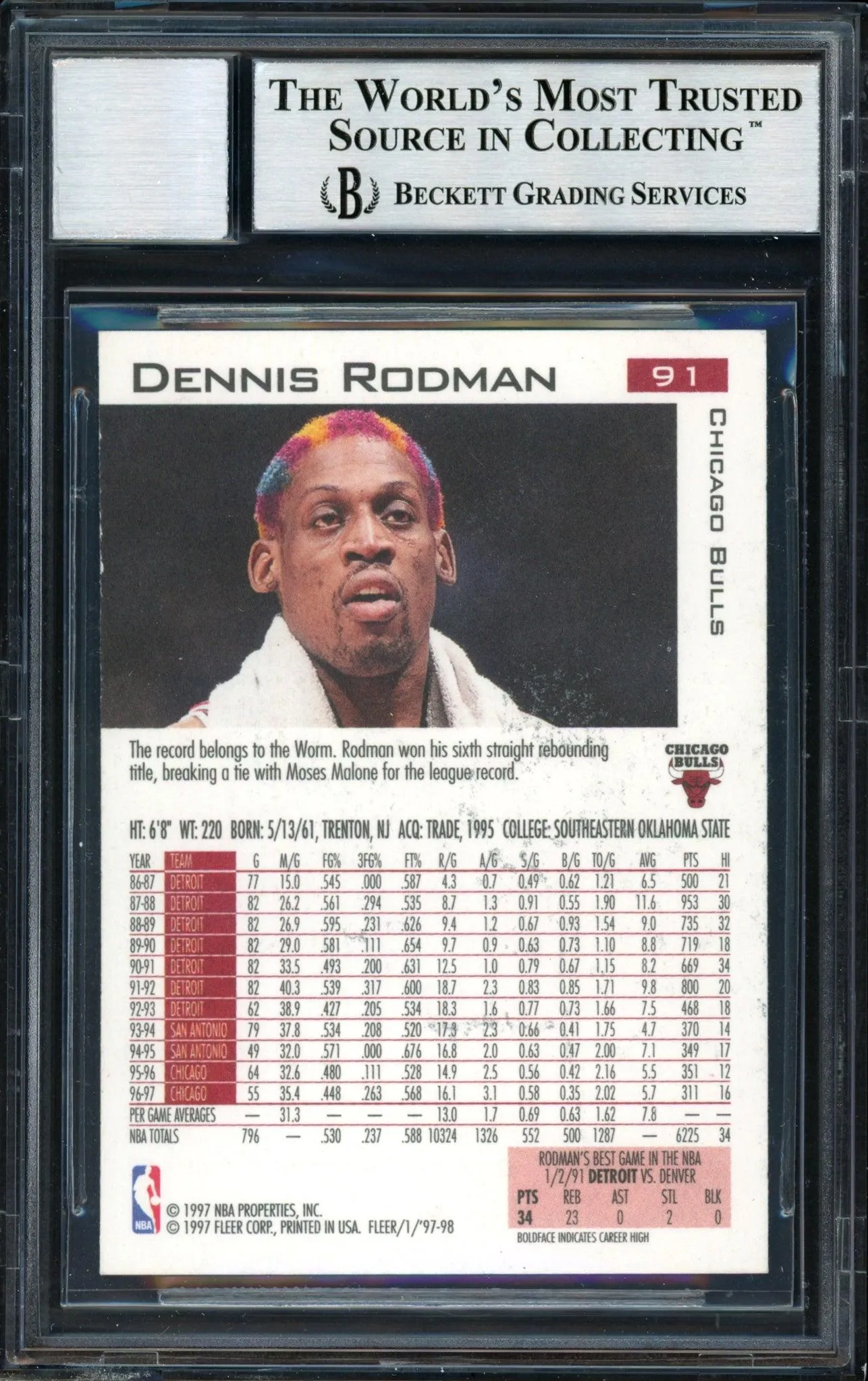 Dennis Rodman Autographed 1997-98 Fleer Card #91 Chicago Bulls Auto Grade 10 Beckett BAS #12518945