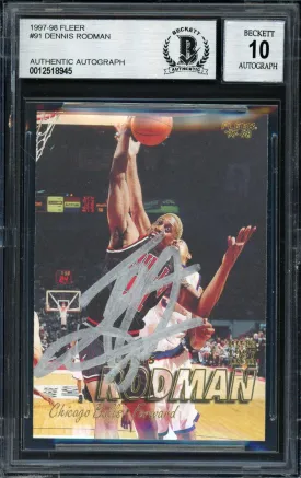 Dennis Rodman Autographed 1997-98 Fleer Card #91 Chicago Bulls Auto Grade 10 Beckett BAS #12518945