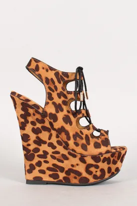 Dollhouse Leopard Cutout Lace Up Platform Wedge