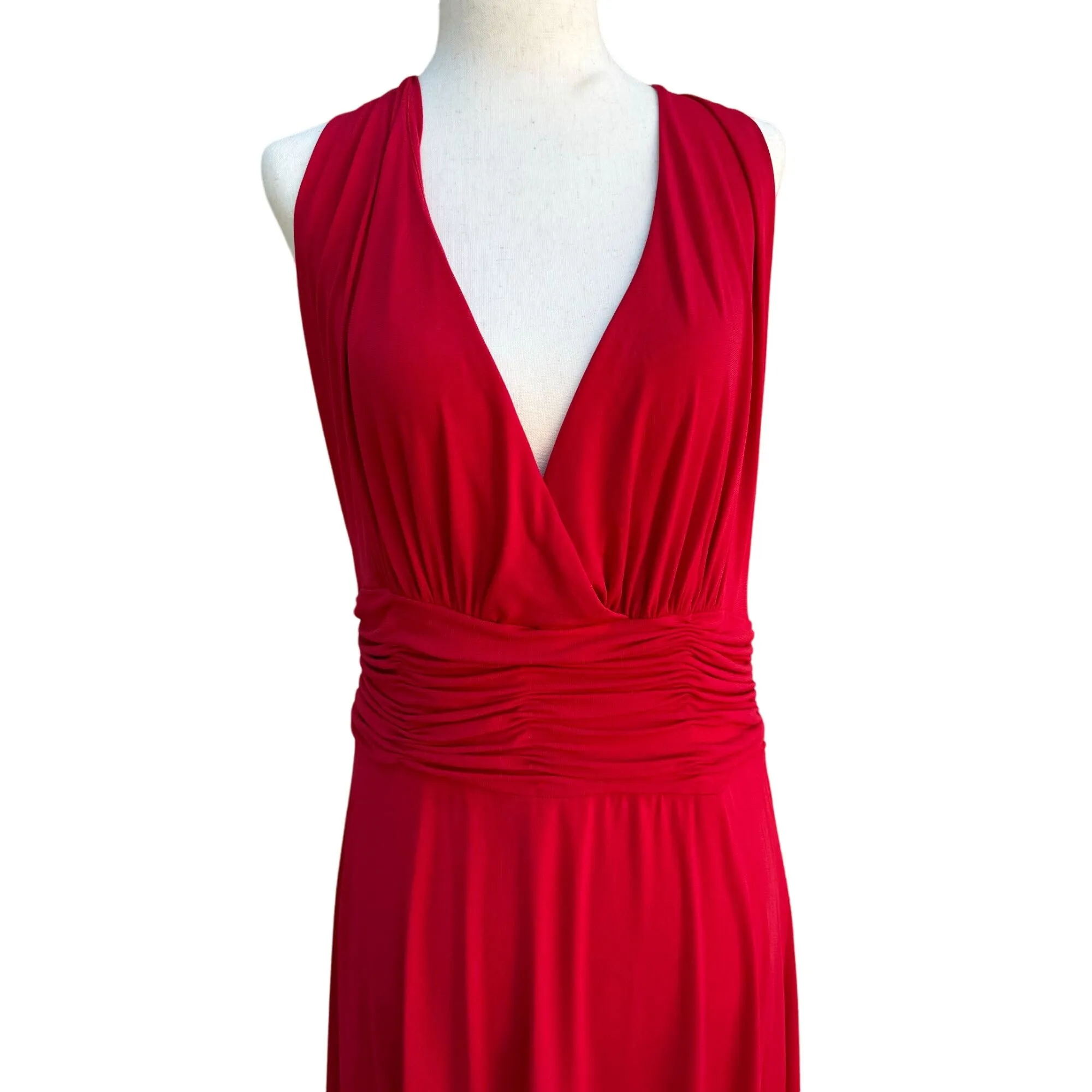 Elegant Red Women's Sleeveless Deep V-Neck Halter Ruched Waist Midi Dress