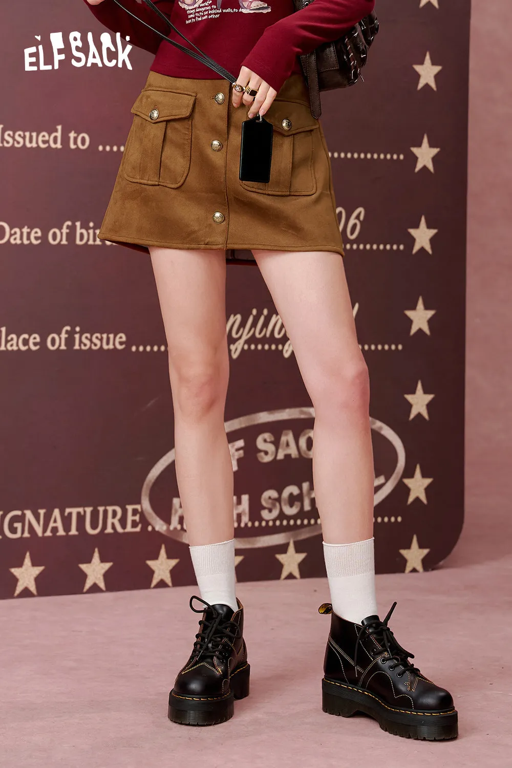 ELFSACK 2024 Autumn New Arrivals Retro Maillard brown suede skirt for women