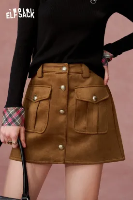 ELFSACK 2024 Autumn New Arrivals Retro Maillard brown suede skirt for women