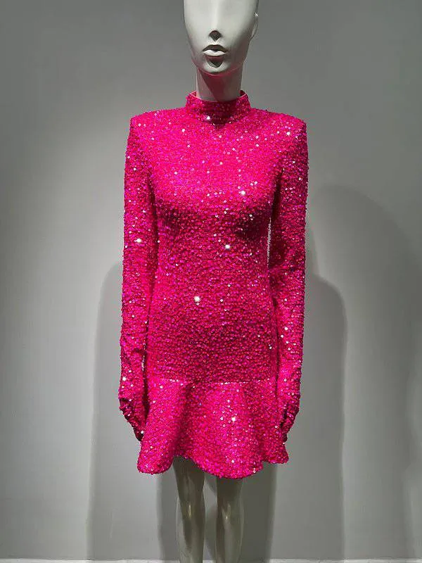 Georgina Long Sleeve High Neck Sequined Mini Dress