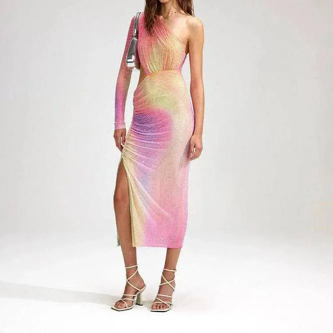 Glenda One Shoulder Cut Out Rainbow Midi Dress