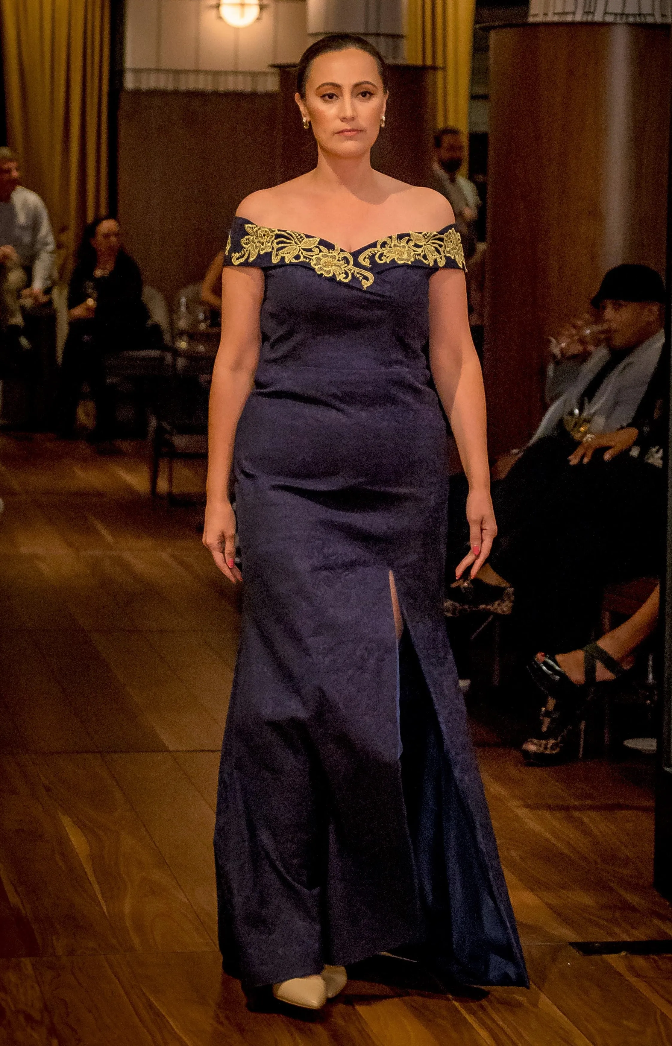 GOLD NIGHT Fit And Flare Navy Blue Stretch Jacquard Evening Gown