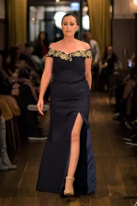 GOLD NIGHT Fit And Flare Navy Blue Stretch Jacquard Evening Gown