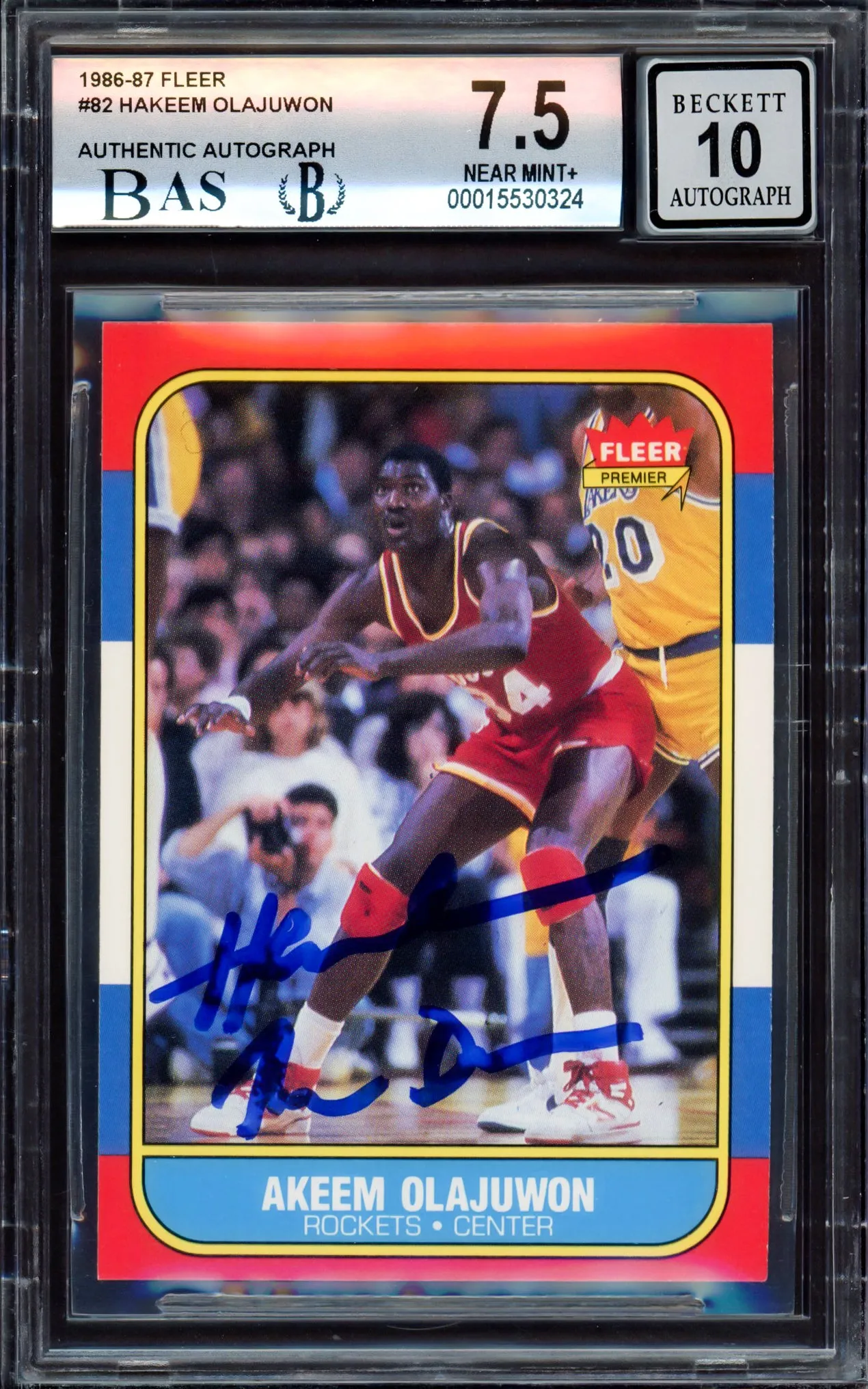 Hakeem Olajuwon Autographed 1986-87 Fleer Rookie Card #82 Houston Rockets BGS 7.5 Auto Grade Gem Mint 10 "The Dream" Beckett BAS #15530324