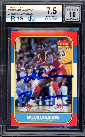 Hakeem Olajuwon Autographed 1986-87 Fleer Rookie Card #82 Houston Rockets BGS 7.5 Auto Grade Gem Mint 10 "The Dream" Beckett BAS #15530335