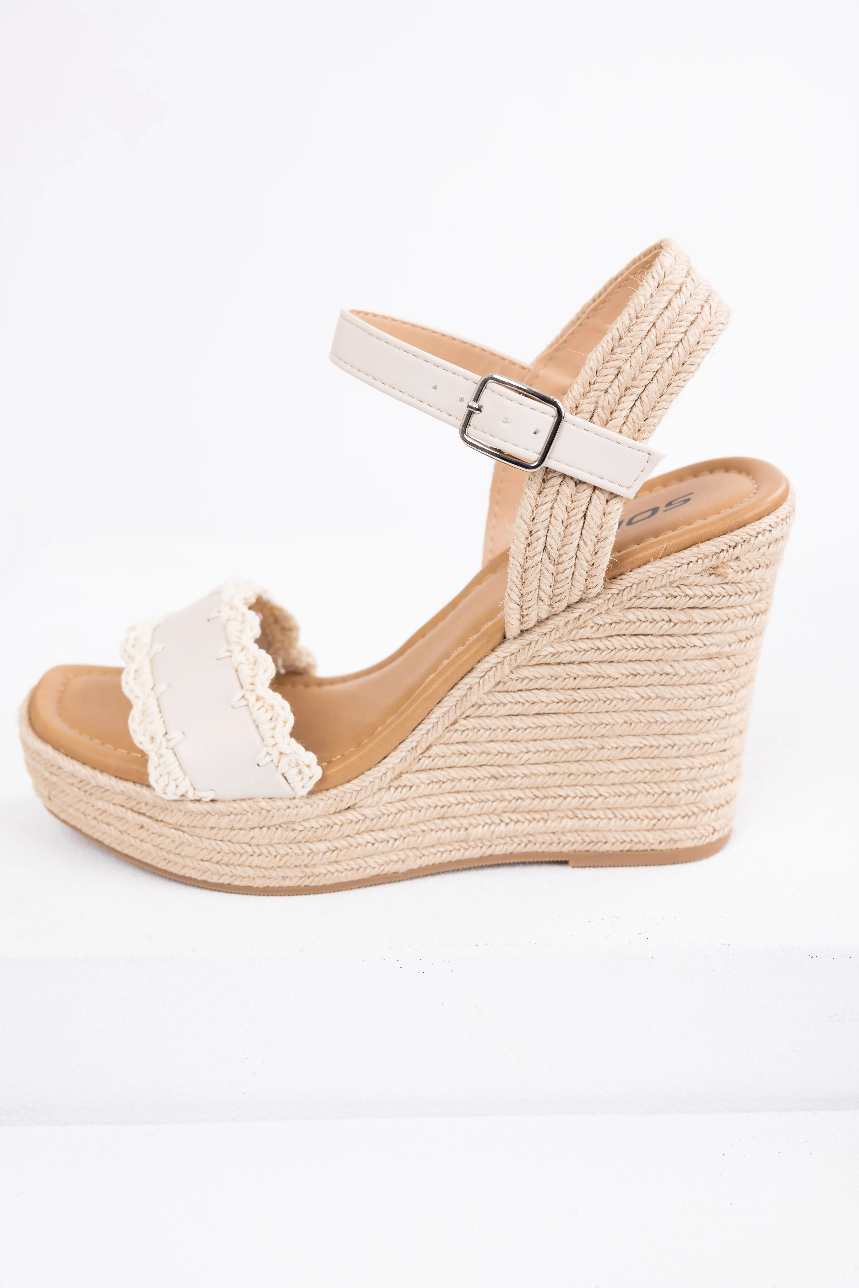 Ivory Crochet Trim Strap Espadrille Wedges