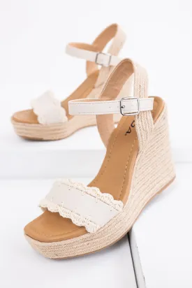 Ivory Crochet Trim Strap Espadrille Wedges