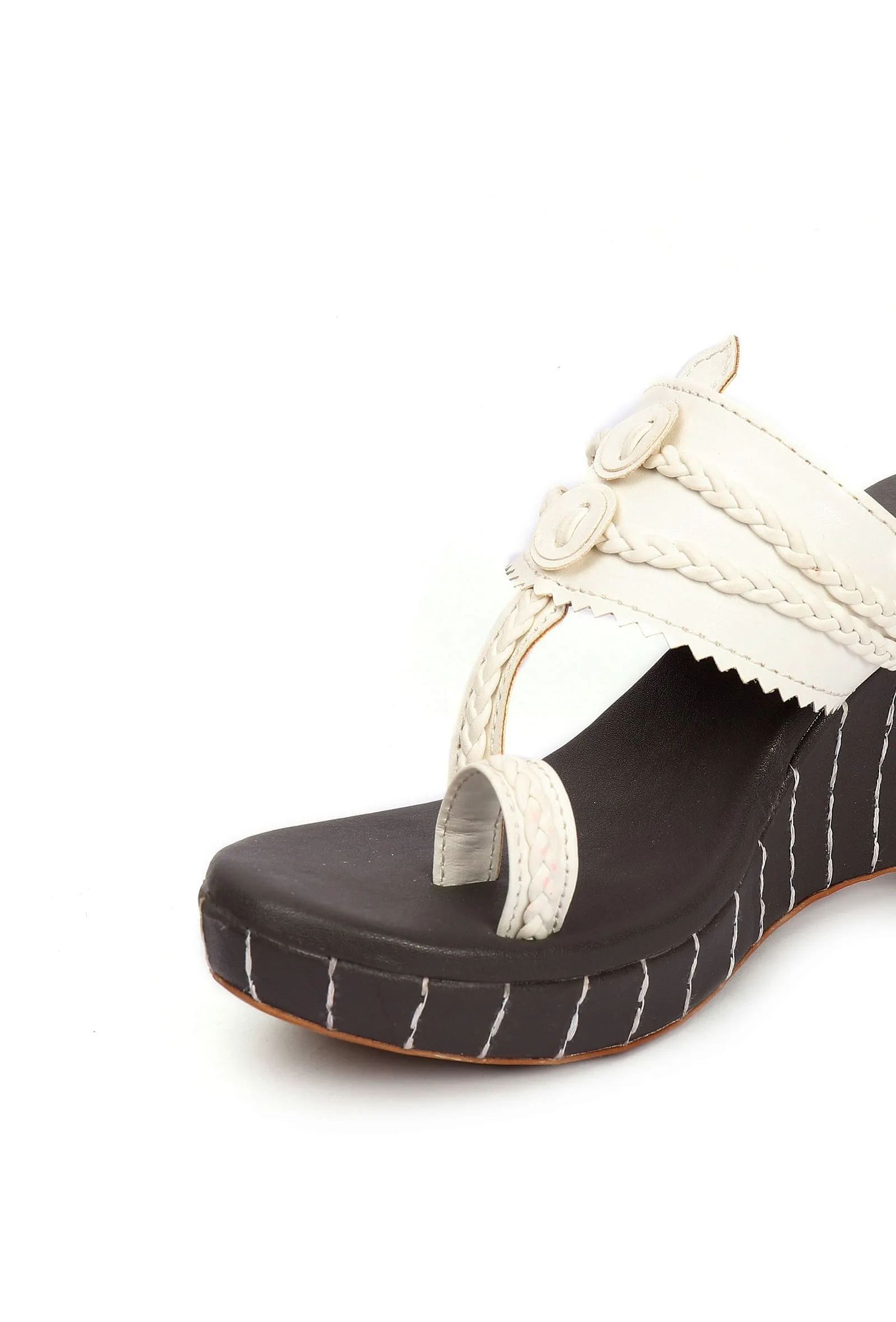 Iya White & Black Braided & Fringed One Toe Wedges