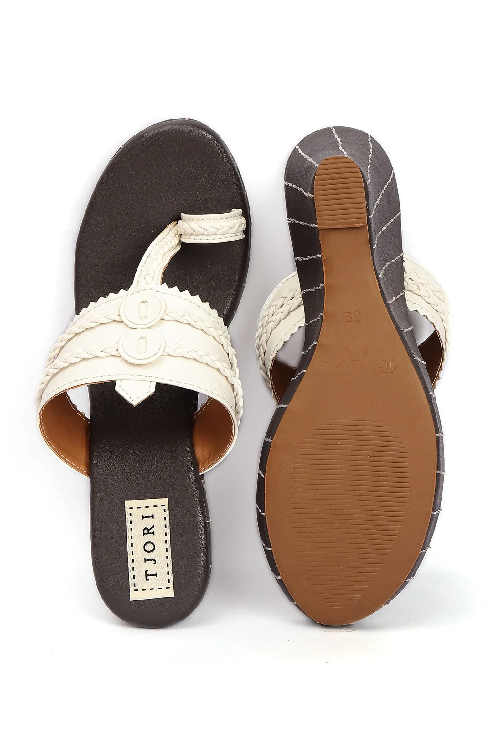 Iya White & Black Braided & Fringed One Toe Wedges