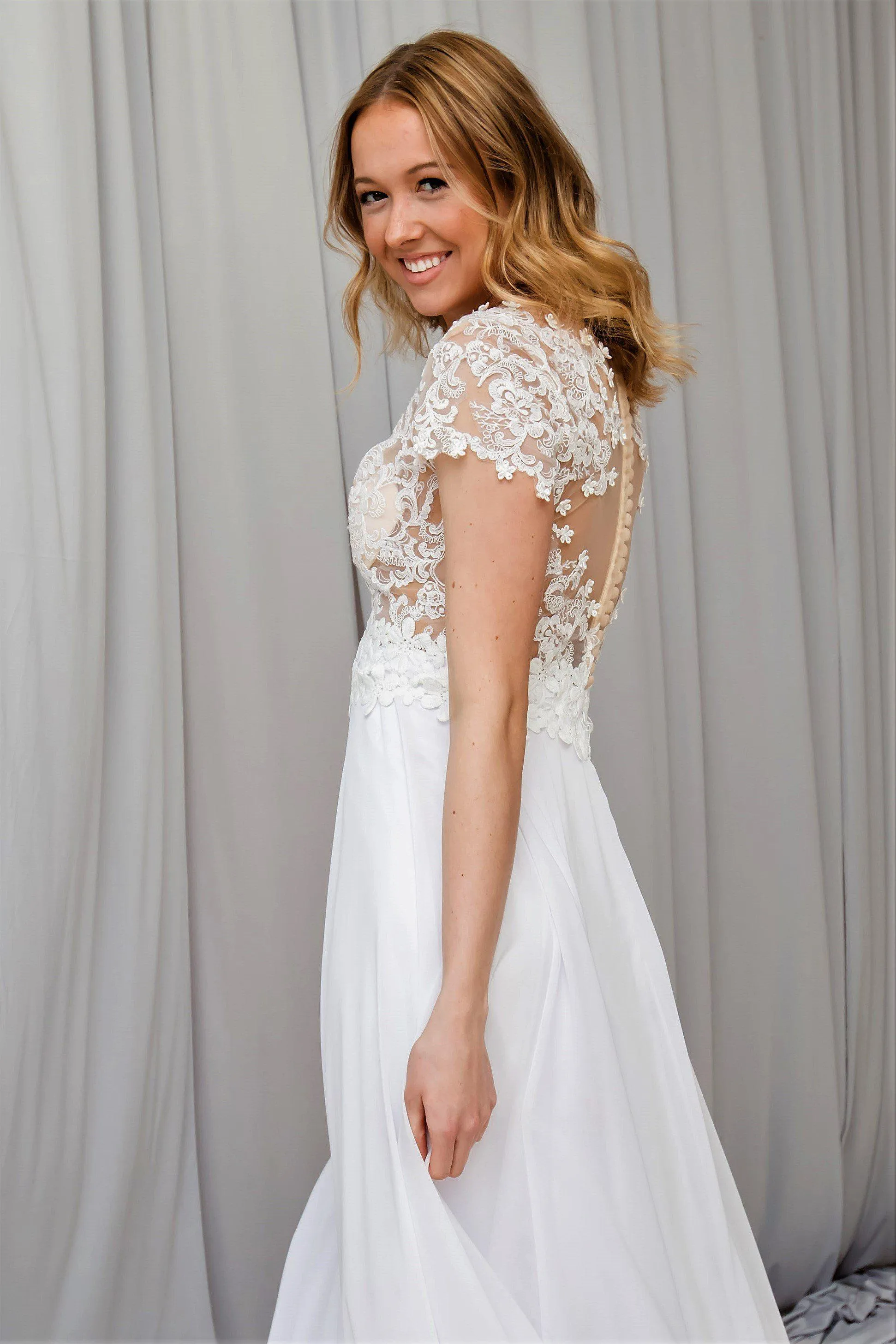 LAVANDA Illusion Bodice White Lace Chiffon Bridal Gown