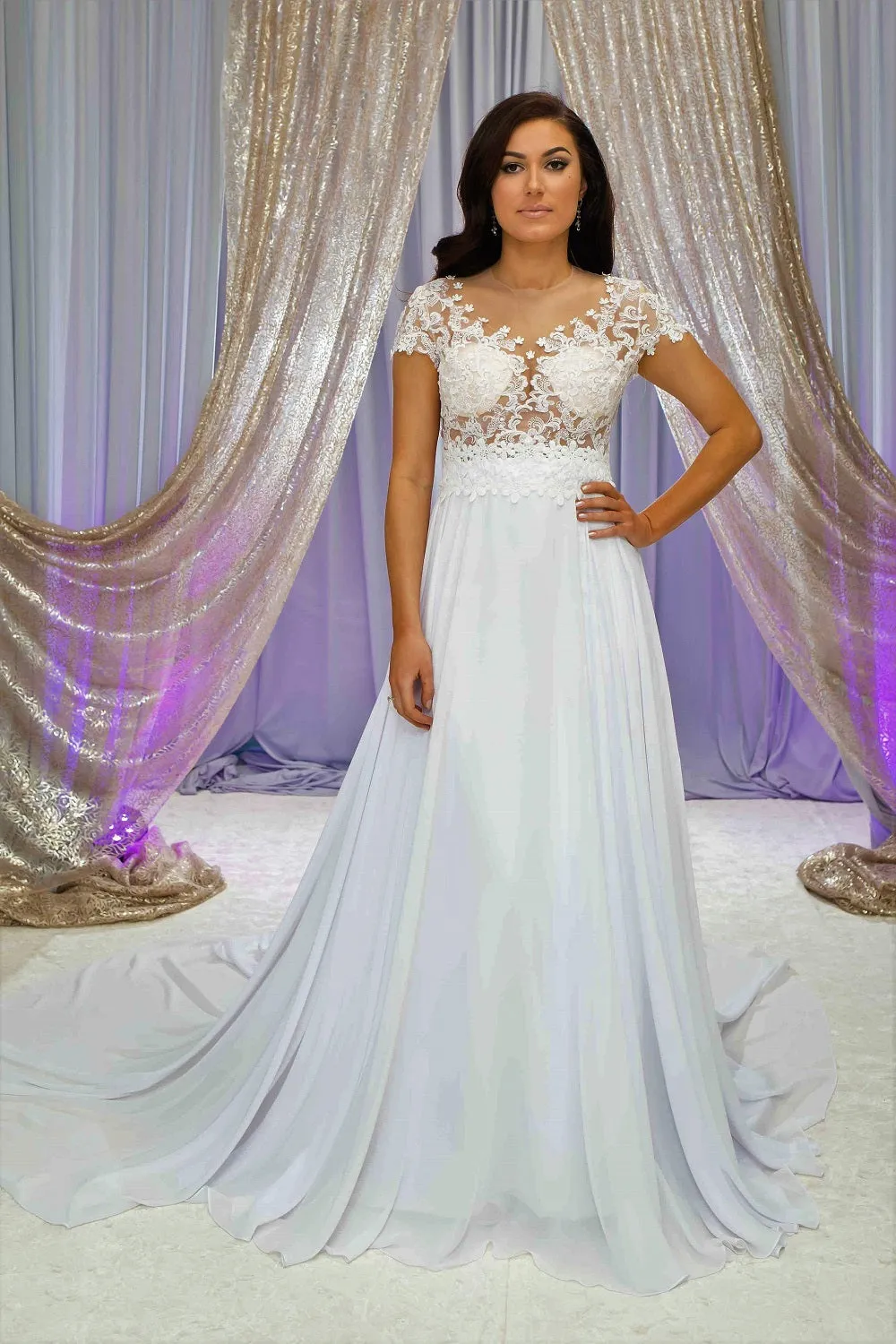 LAVANDA Illusion Bodice White Lace Chiffon Bridal Gown