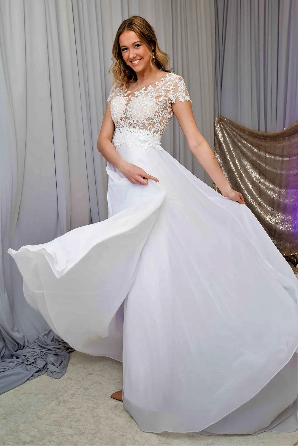 LAVANDA Illusion Bodice White Lace Chiffon Bridal Gown