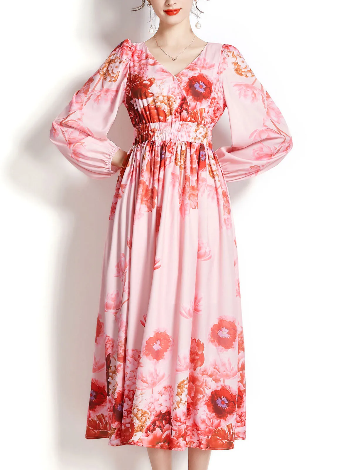 Pink High Waisted V Neck Floral Printed Long Sleeves Pleated Skirt Vintage Dress