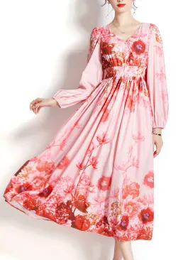 Pink High Waisted V Neck Floral Printed Long Sleeves Pleated Skirt Vintage Dress