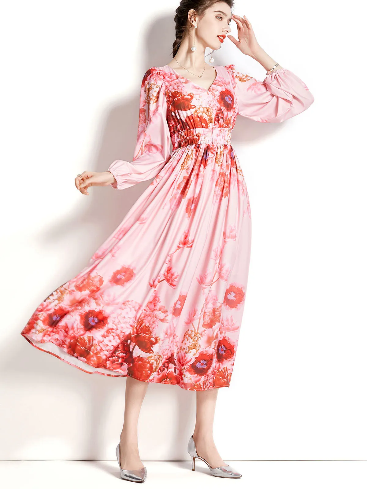 Pink High Waisted V Neck Floral Printed Long Sleeves Pleated Skirt Vintage Dress