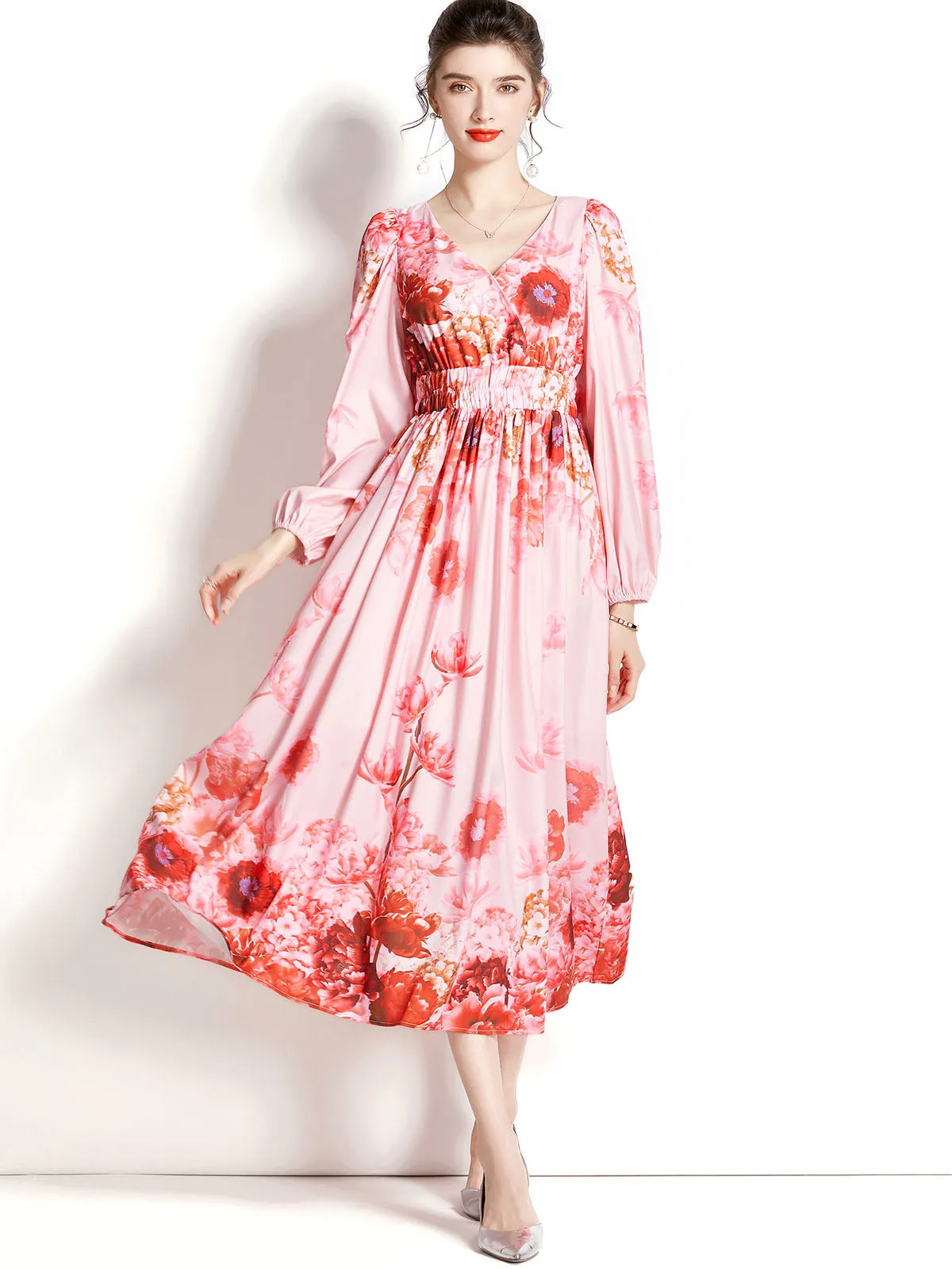 Pink High Waisted V Neck Floral Printed Long Sleeves Pleated Skirt Vintage Dress