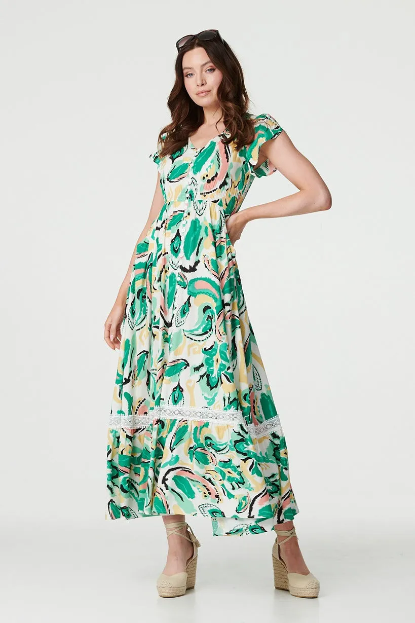 Printed Lace Trim Maxi Dress