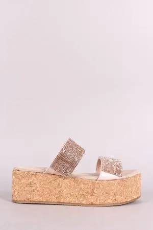 Qupid Double Rhinestone Straps Open Toe Cork Flatform Sandal