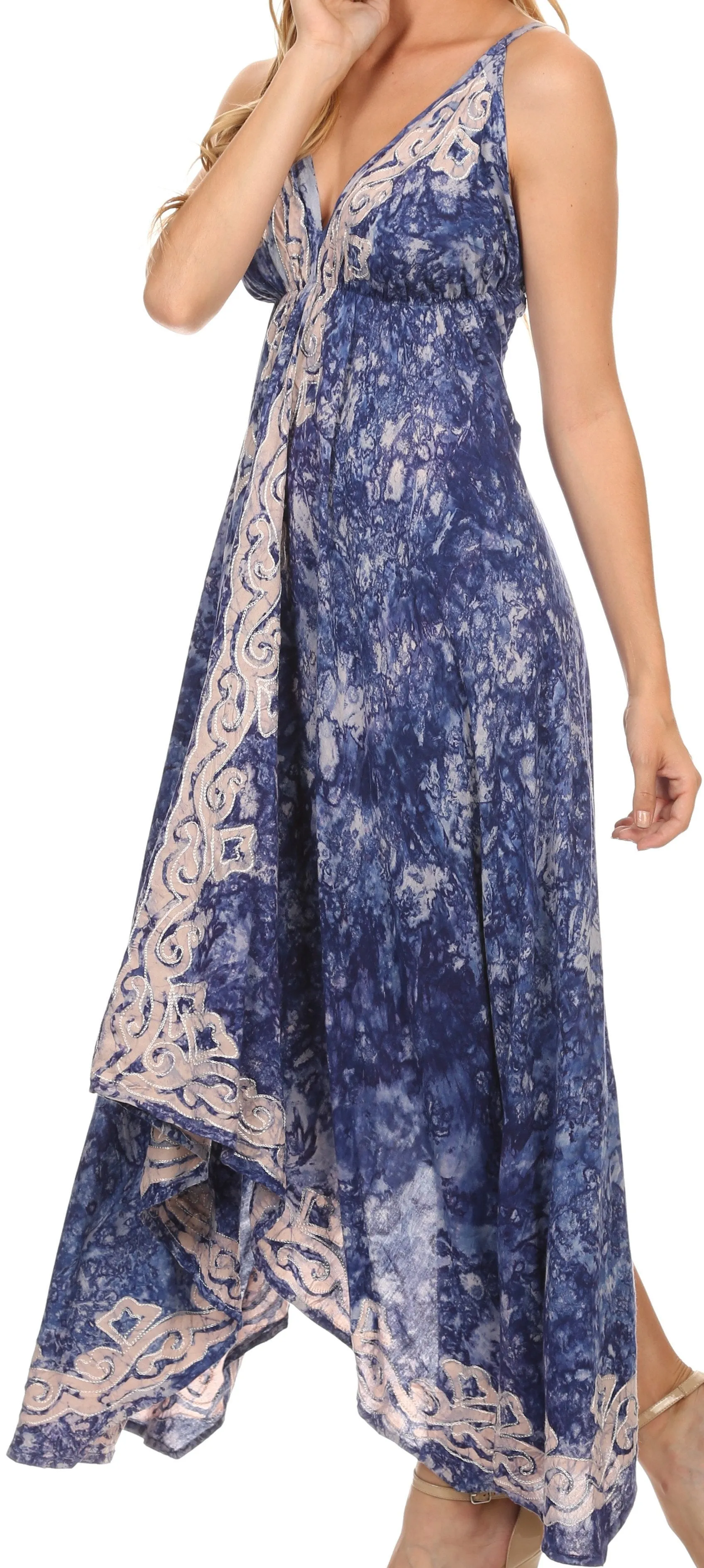 Sakkas Neyva Long Handkerchief Hem Embroidered Dyed Spaghetti Strap Batik Dress