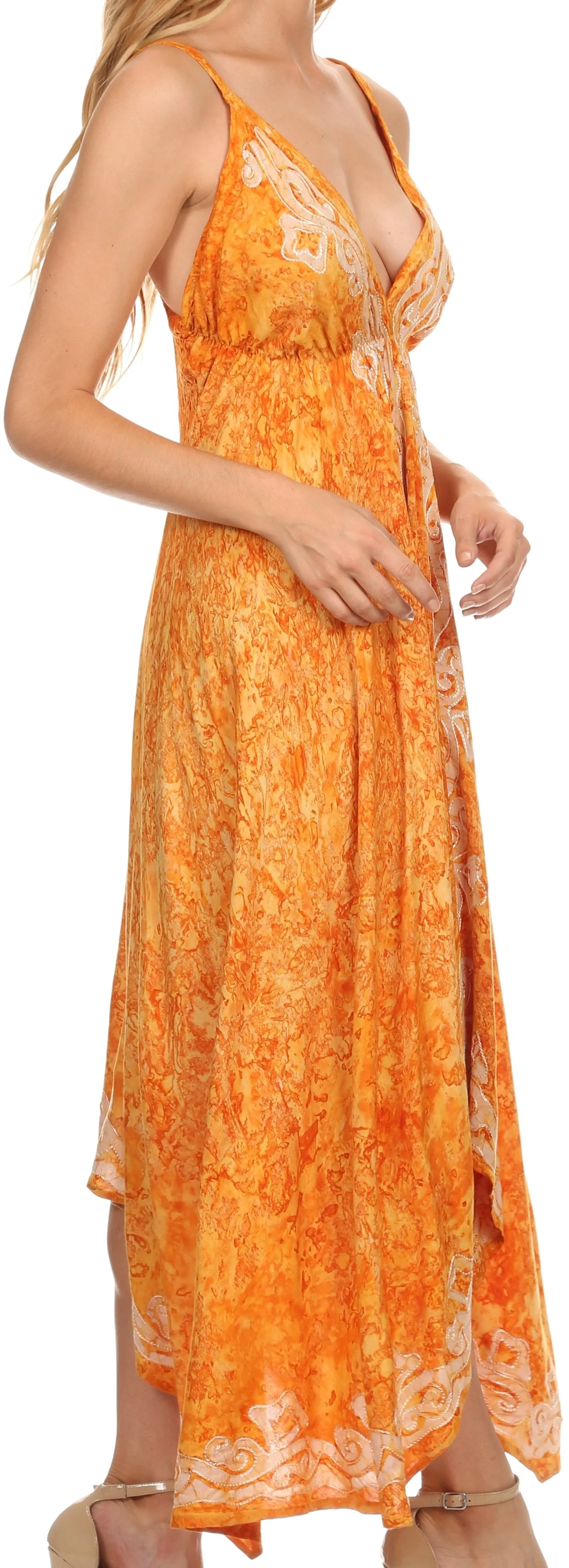 Sakkas Neyva Long Handkerchief Hem Embroidered Dyed Spaghetti Strap Batik Dress