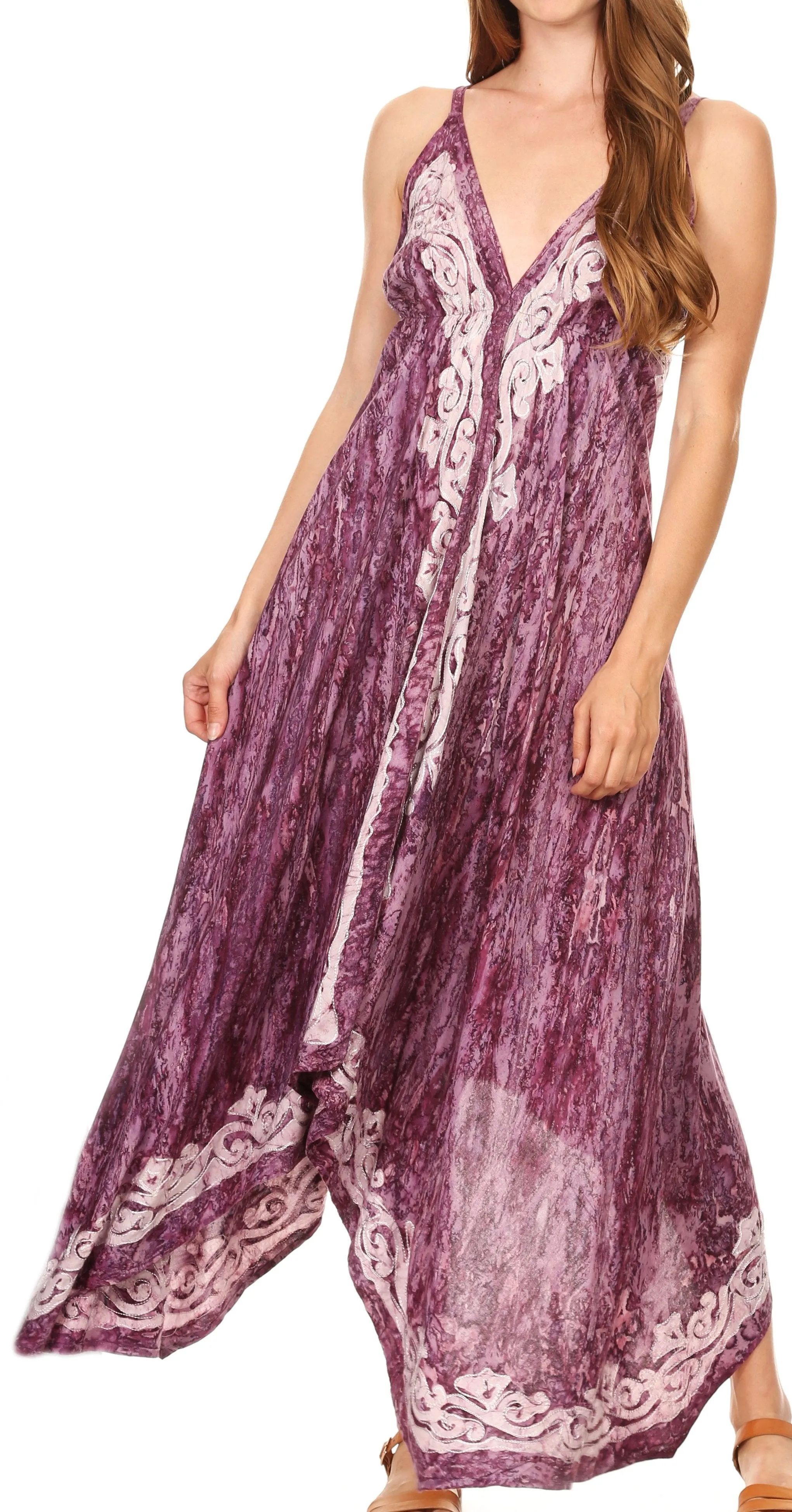 Sakkas Neyva Long Handkerchief Hem Embroidered Dyed Spaghetti Strap Batik Dress