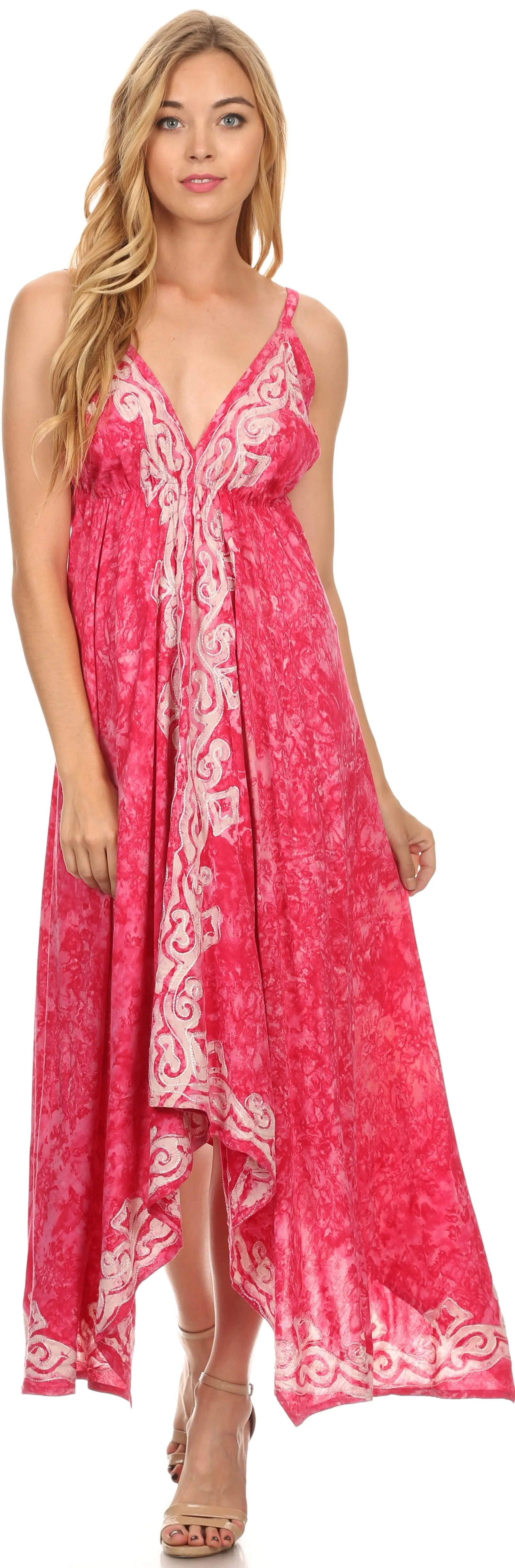 Sakkas Neyva Long Handkerchief Hem Embroidered Dyed Spaghetti Strap Batik Dress