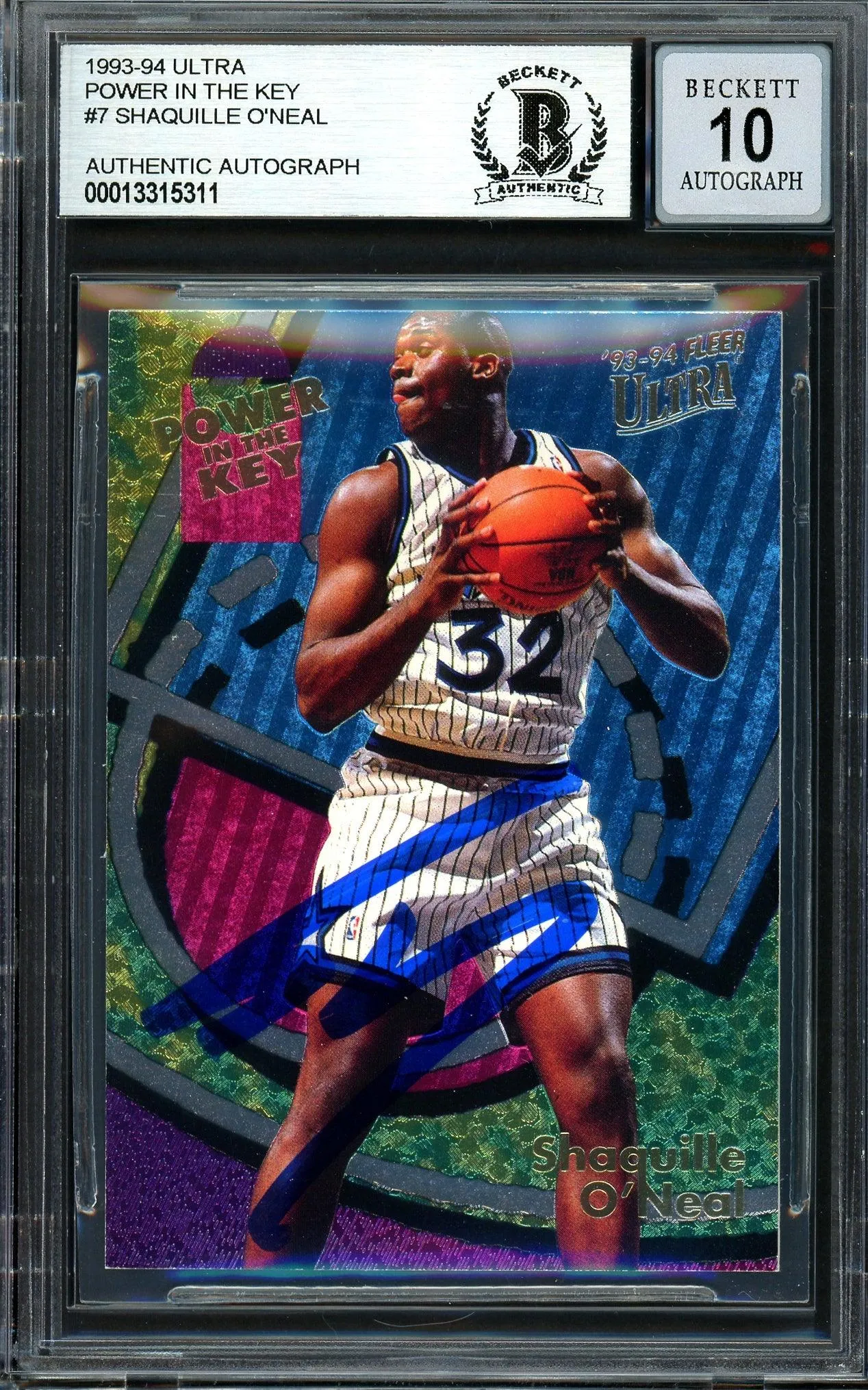 Shaquille Shaq O'Neal Autographed 1993-94 Fleer Ultra Power In The Key Card #7 Orlando Magic Auto Grade Gem Mint 10 Beckett BAS #13315311