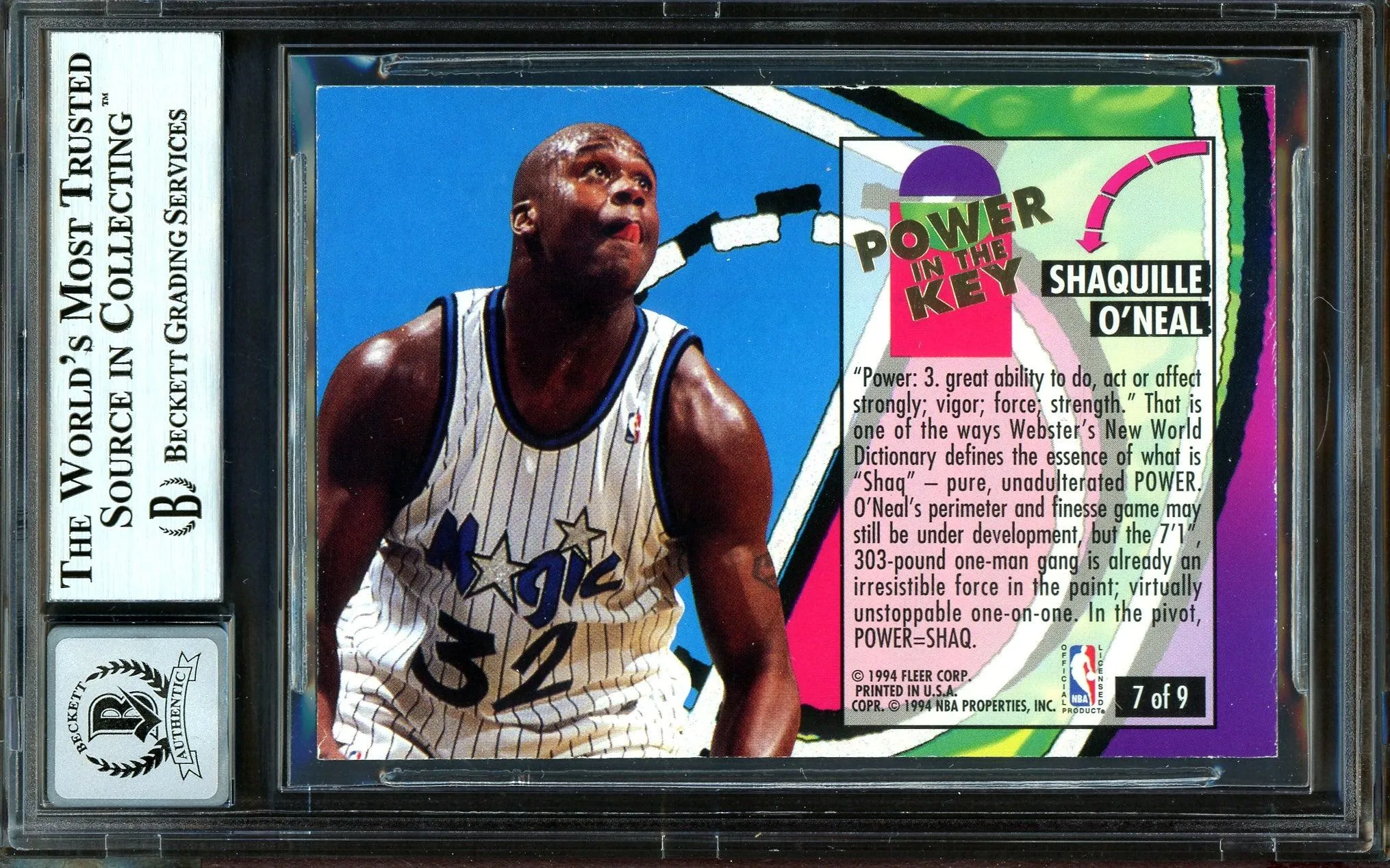 Shaquille Shaq O'Neal Autographed 1993-94 Fleer Ultra Power In The Key Card #7 Orlando Magic Auto Grade Gem Mint 10 Beckett BAS #13315311